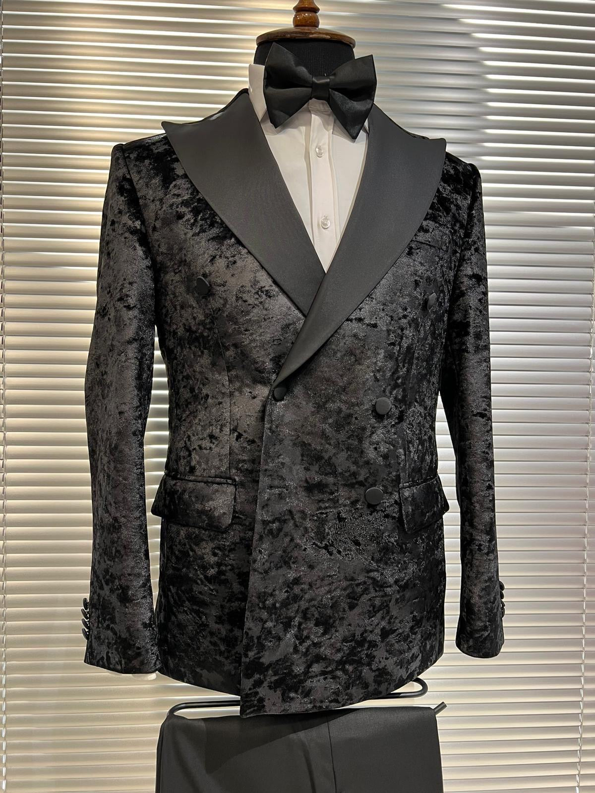 Midnight Black Crushed Velvet Tuxedo Jacket