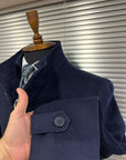 Contemporary Navy Zip-Front Overcoat with Stand Collar
